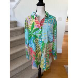 Talbots Tropical Leaf Print Aqua Blue Green Pink Long Sleeve Button Down Shirt